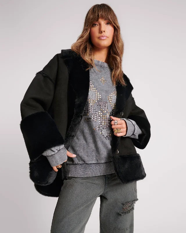 Stylish Women's Garments Faux Shearling Aviator Coat - Black