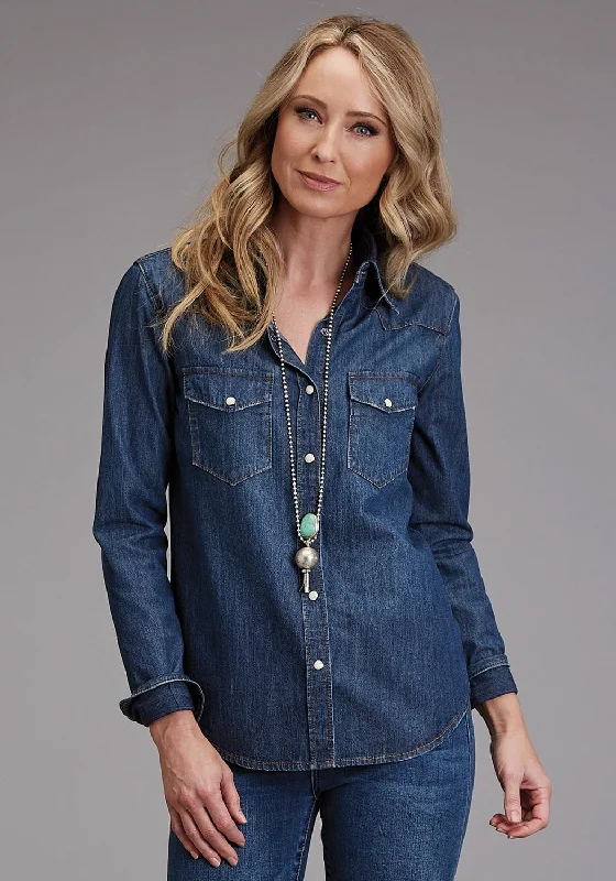 Exclusive Women's Fashion Collection Stetson Womens Western Denim Dark Blue Cotton Blend L/S Blouse