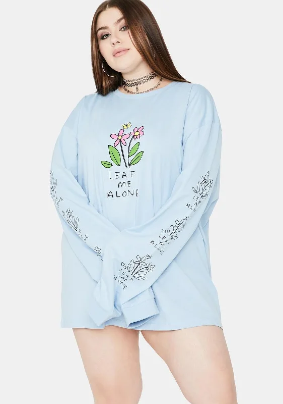 Casual Style for Busy Women Blue Plus Leaf Me Alone Graphic Tee