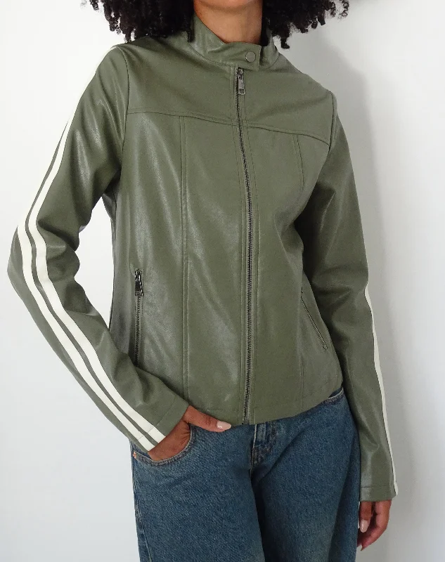 Latest Fashion for Women Jacquie Zip Up Biker Jacket in PU Green with Ivory Stripe