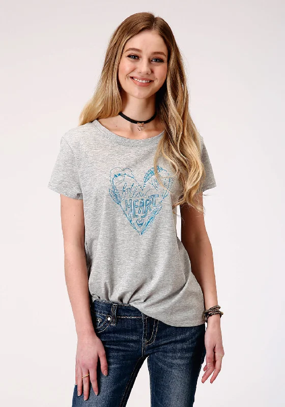 Unique Women's Fashion Pieces Roper Womens Gray Poly/Rayon Blue Heart S/S T-Shirt