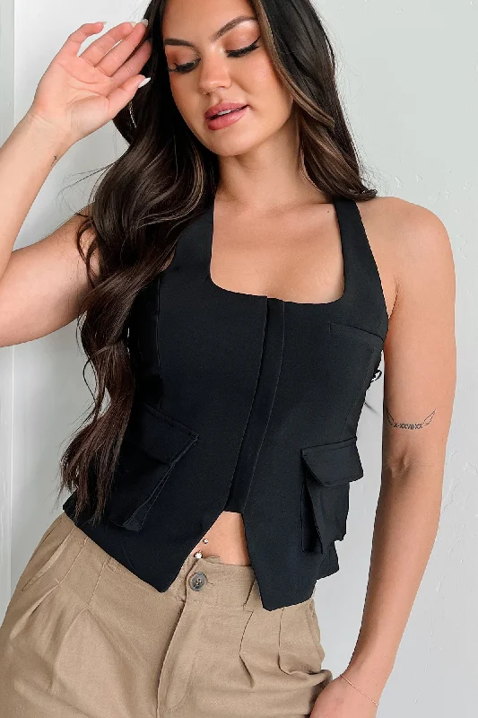 Plus Size Women Wear Flattery Won't Work Zip-Front Cargo Halter Vest (Black)