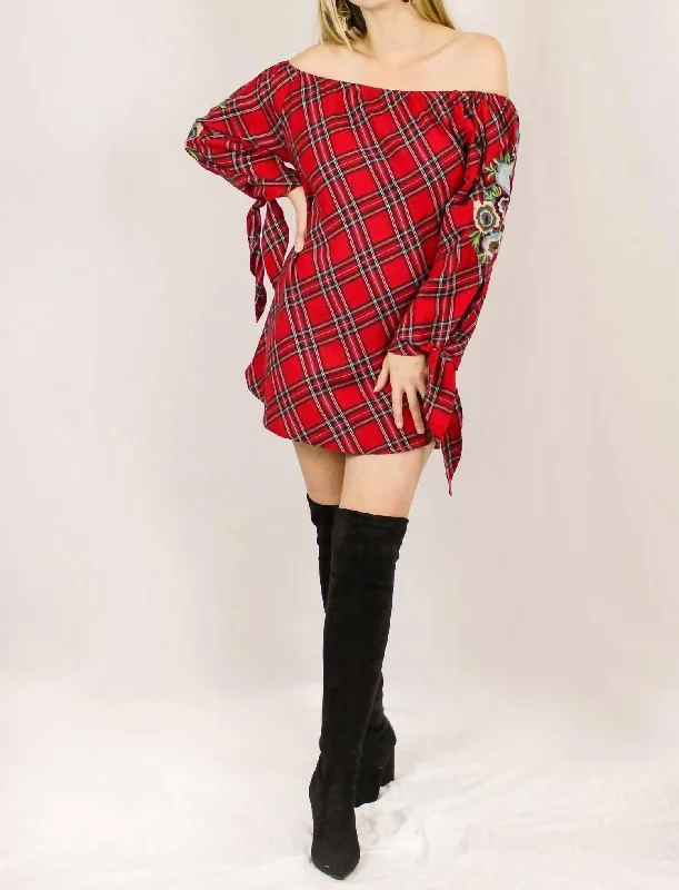 Women's Work Outfit Floral Embroidered Tunic In Vibrant Red Plaid