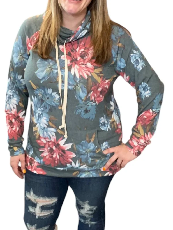 Must-Have Styles Floral Cowlneck Hoodie In Gray