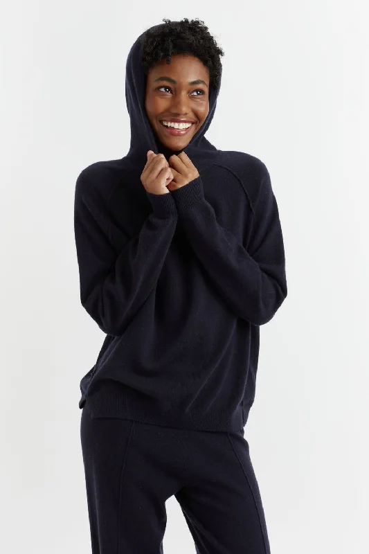 Luxe Women's Fashion Navy Wool-Cashmere Boxy Hoodie