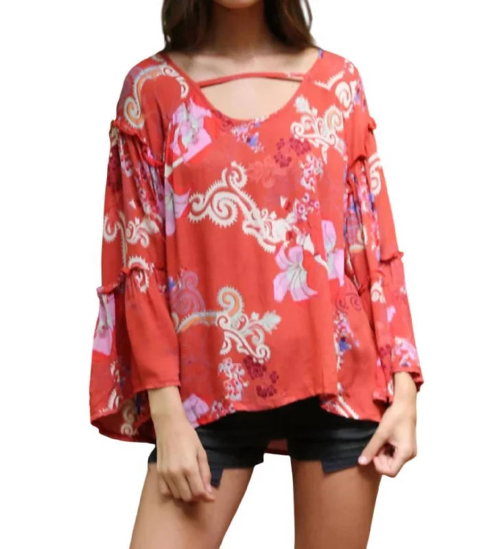 Plus Size Women's Fashion Floral Ruffle Seam Bell Sleeve Tunic In Watermelon