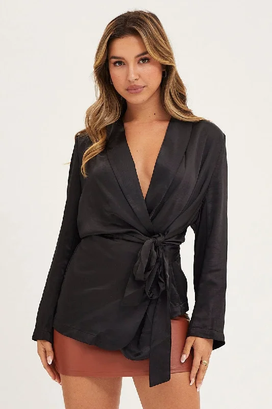 Elegant Women's Fashion Black Wrap Jacket Long Sleeve