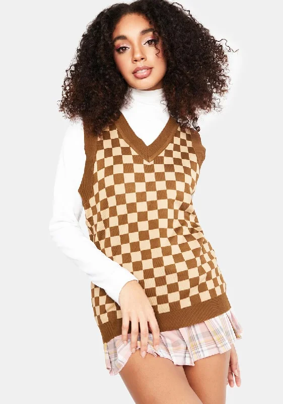 Women's Party Outfit Knitted Oversized Checkered Sweater Vest