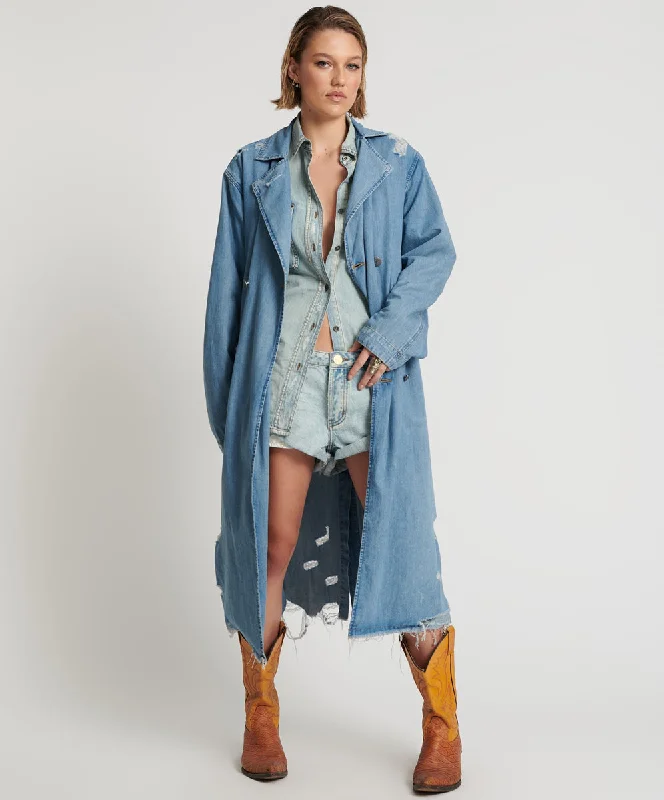 Women's Everyday Apparel Denim Trench Coat - Pacifica