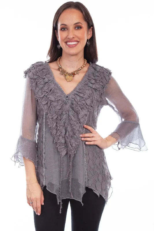 Women's Elegant Outfit Scully Womens Grey Cotton Blend Double Ruffle S/S Blouse