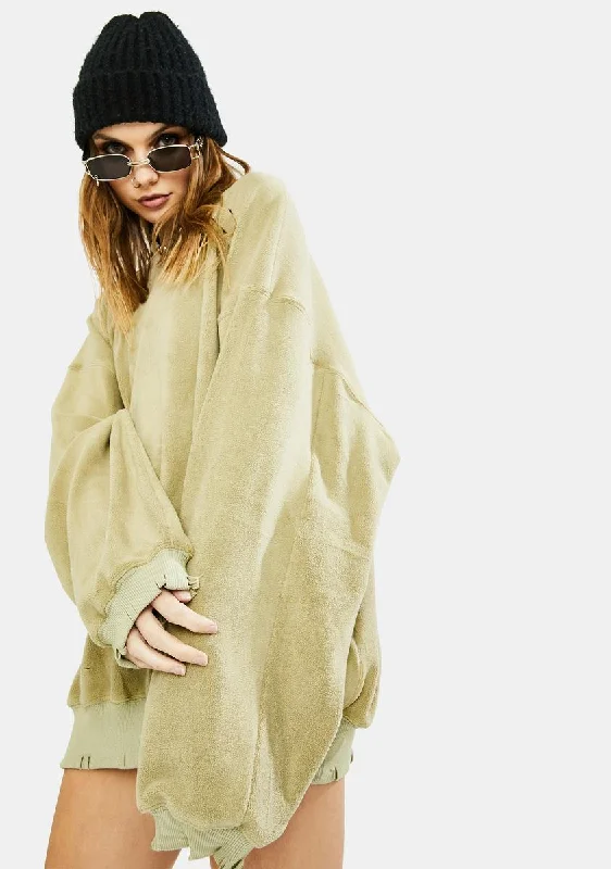 Women's Chic Outerwear Attire Sage Oversized Distressed Sweatshirt