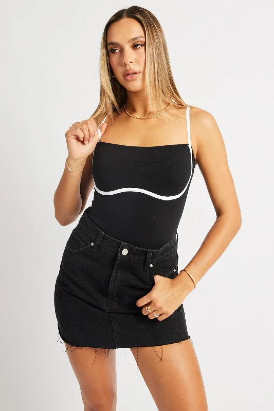 Clothes Sales Black Bodysuit Sleeveless Contrast Detail Seamless