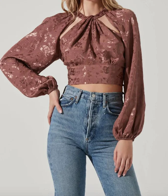 Women's Effortless Casual Outfit Betsy Floral Cutout Long Sleeve Top In Brown Jacquard