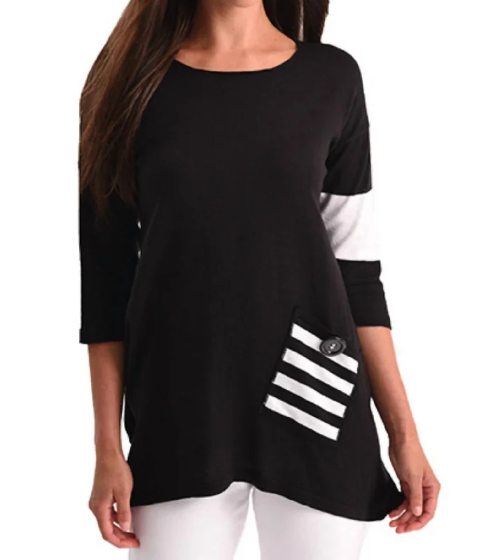 Chic Women's Attire Stripe Pocket Flowy Tunic Top In Black/white