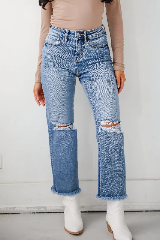 Street Style Fashion Emily Medium Wash High Rise Distressed Straight Leg Jeans