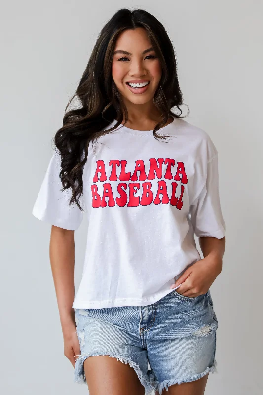 Women's Trendy Activewear Apparel White Atlanta Baseball Cropped Tee