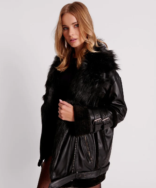 Relaxed Fit Women's Fashion Leather Faux Fur Aviator Jacket - Black