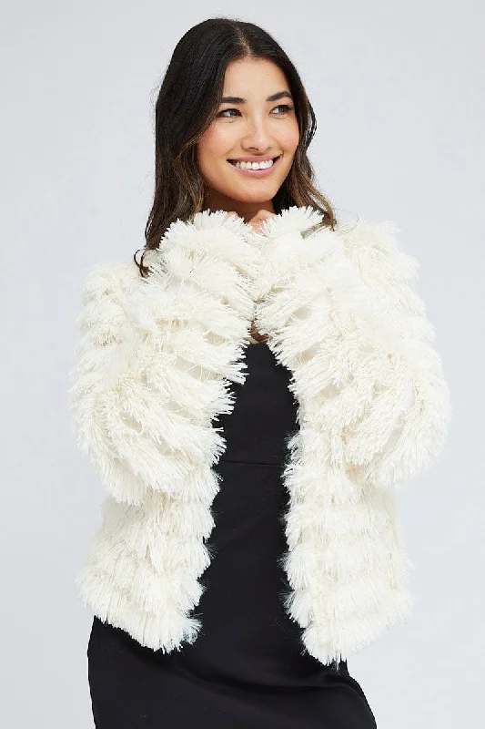 Minimalist Women's Fashion Clothing White Shag Faux Fur Jacket