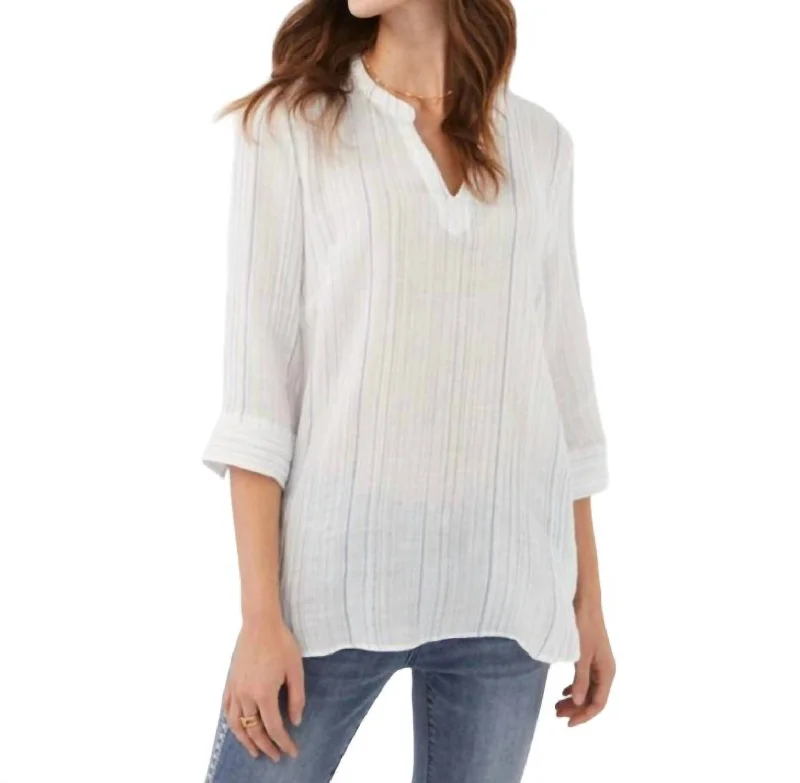 Comfortable Casual Wear Textured Tunic Top In Indigo Stripe