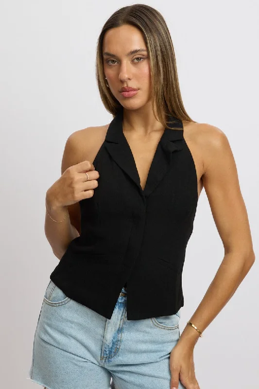 Women's Fashion Essentials Black Vest Top V Neck Halter Neck Open Back