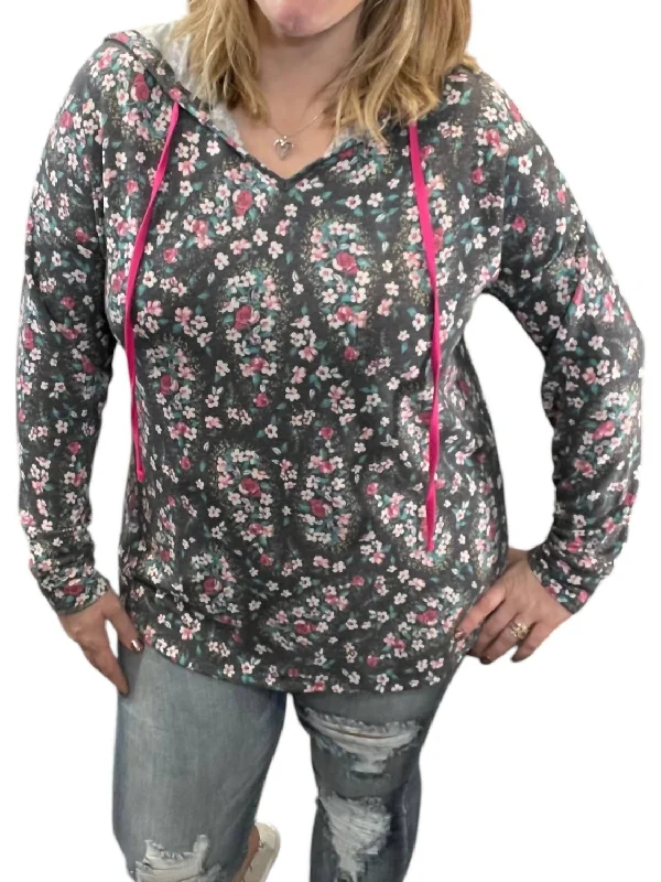 Women's Chic Outerwear Garments Spring Floral Hoodie In Black