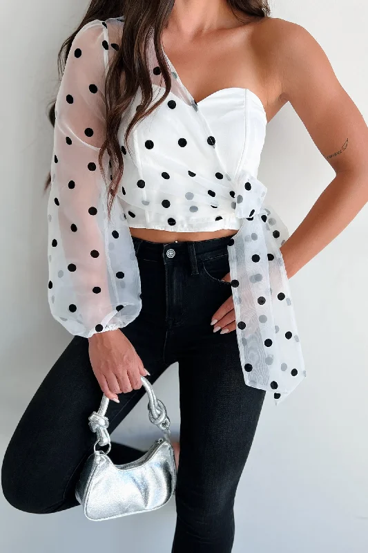 Women's Clothes And Garments Left My Heart In Paris Asymmetric Polka Dot Top (Off White)