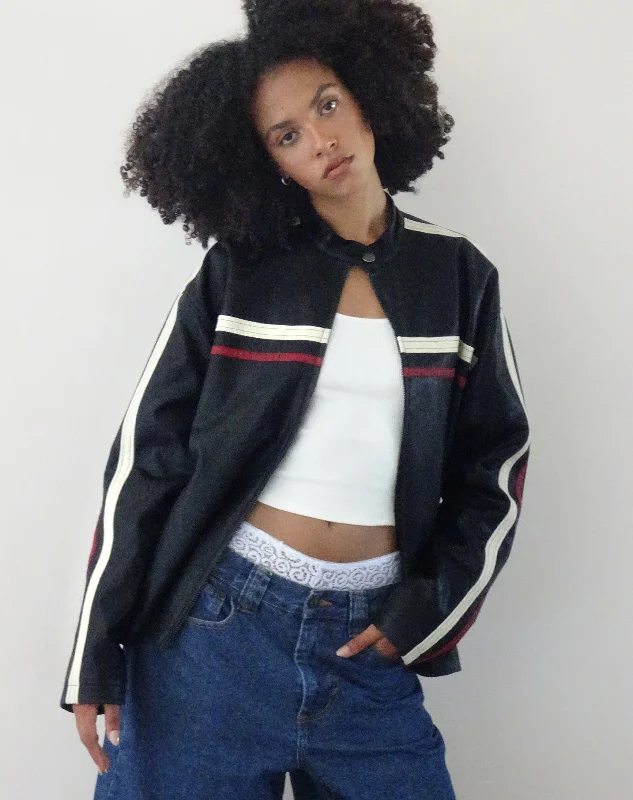 Shop Ladies Clothes Colton Jacket in PU Black with Ivory and Red Stripe