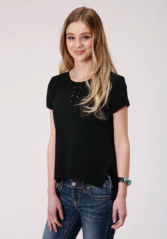 Latest Fashion for Women Roper Womens Black Poly/Rayon Self Cross Straps S/S T-Shirt