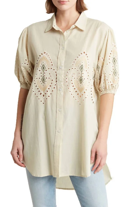 Women's Apparel Puff Sleeve Tunic Top In Beige