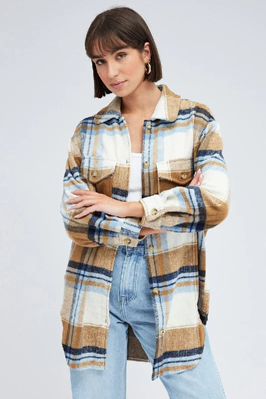 Women's Casual Dresses Brown Check Long Checked Print Jacket Long Sleeves