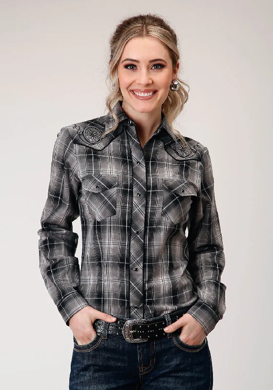 Women's Activewear Outfit Roper Womens 1212 Plaid Black/Grey Cotton Blend L/S Shirt