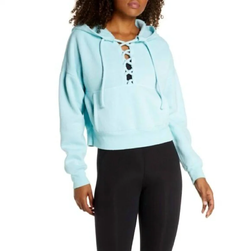 Stylish Savings Believe It Lace Up Hoodie In Light Blue