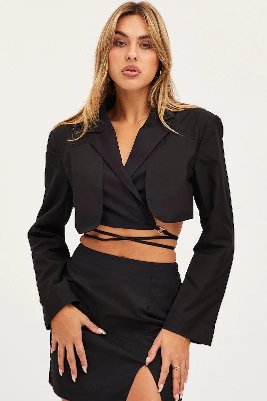 Women's Evening Wear Black Crop Jacket Long Sleeve