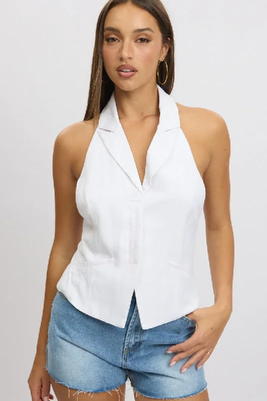 Unique Women's Fashion Pieces White Vest Top V Neck Halter Neck Open Back