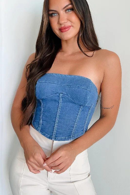 Elegant Women's Attire Burned Bridges Strapless Denim Crop Top (Medium-Light Denim)