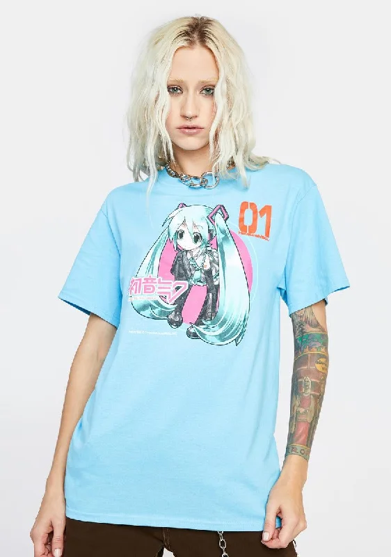 Fashionable Women's Casual Apparel X Hatsune Miku Blue Graphic Tee