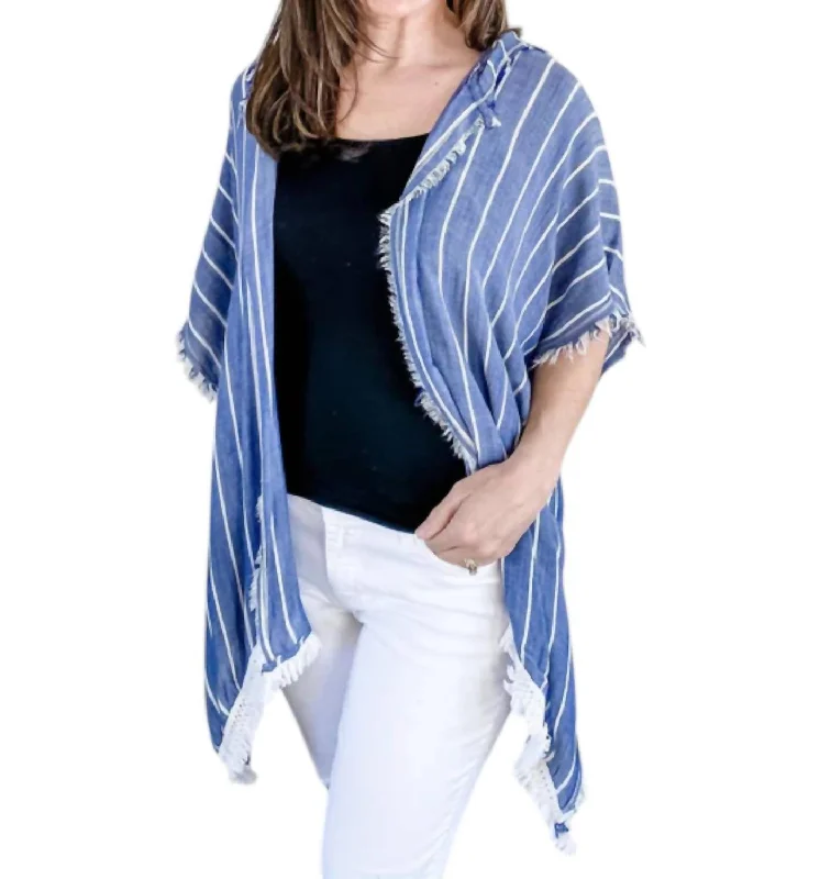 Timeless Women's Apparel Denim Striped With Fringe Detail Hoodie In Blue