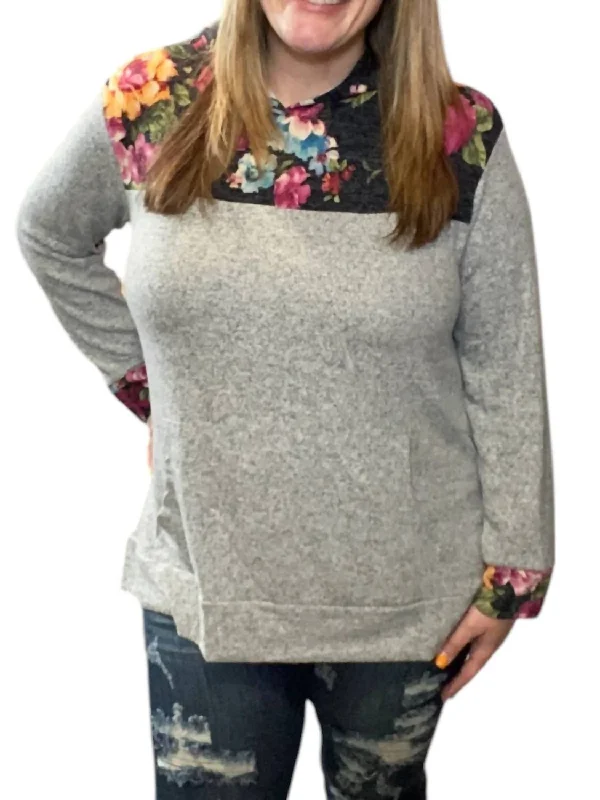 Sophisticated Fashion Floral Color Block Hoodie In Gray