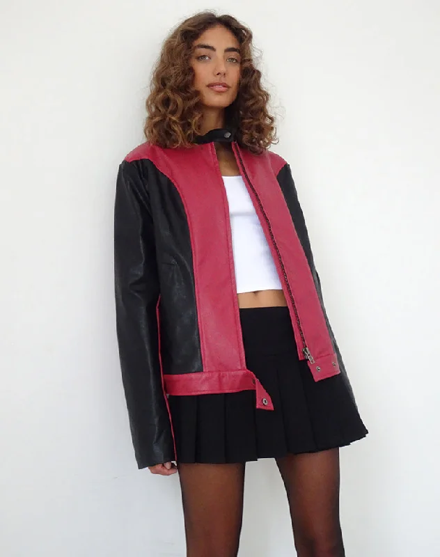 Chic Women's Clothing Marion PU Biker Jacket in Red with Black Panels