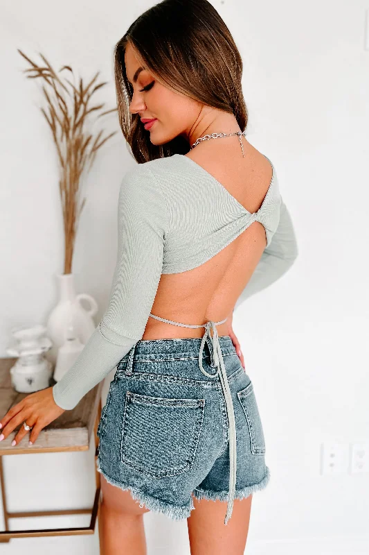 Save Big Unfiltered Emotions Ribbed Open Back Crop Top (Desert Sage)