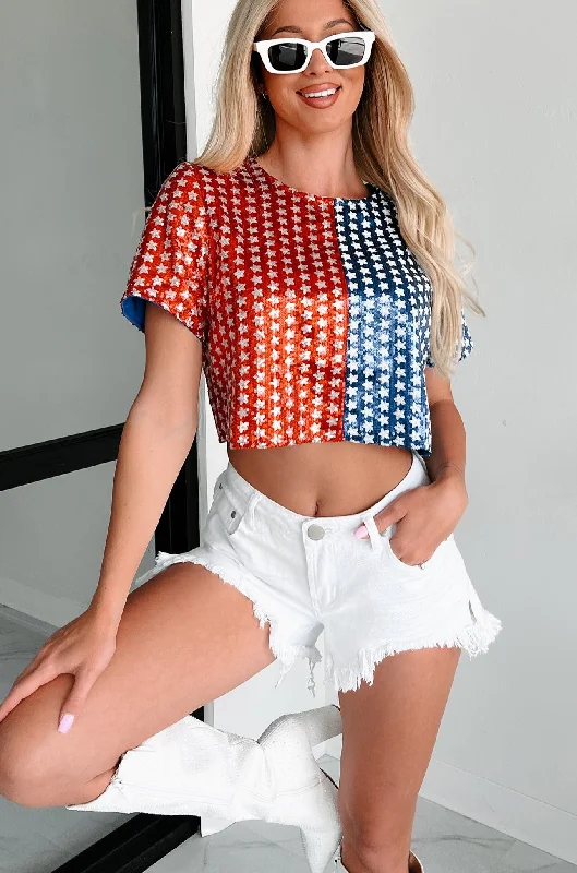 New Arrival Discount Exploding With Excitement Sequin Crop Top (Red/Blue)