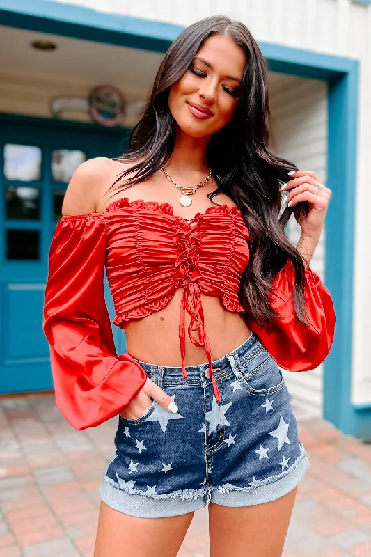 Casual Clothes For Women Taking Names Ruched Lace-Up Crop Top (Red)