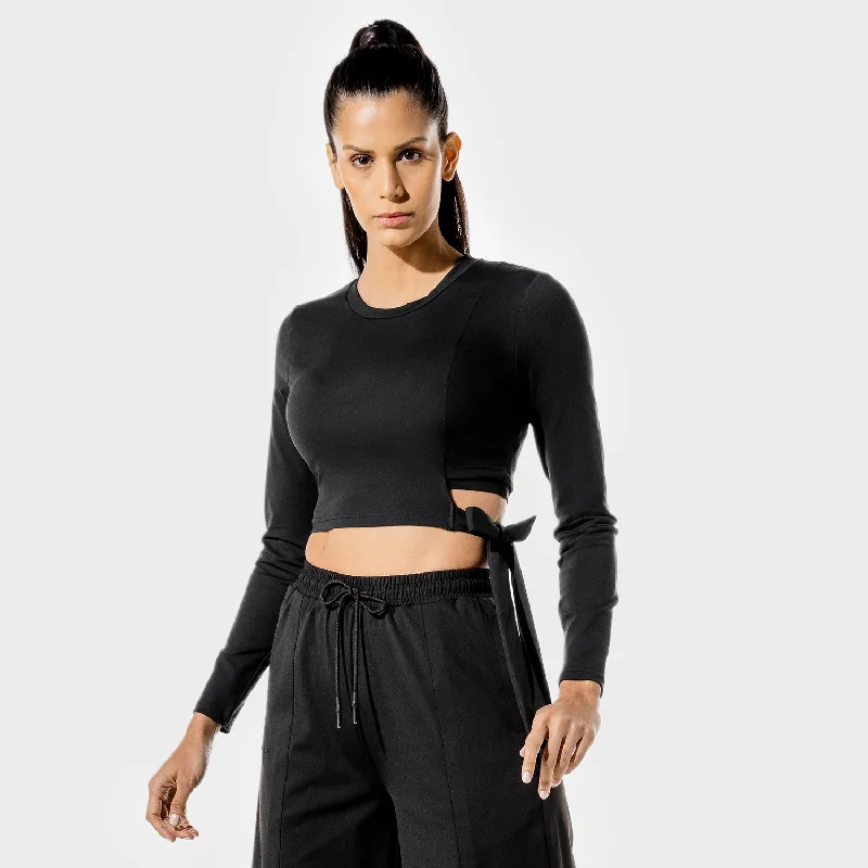 Women's Comfy Loungewear Outfit Women's Fitness - Tie Crop Top - Black