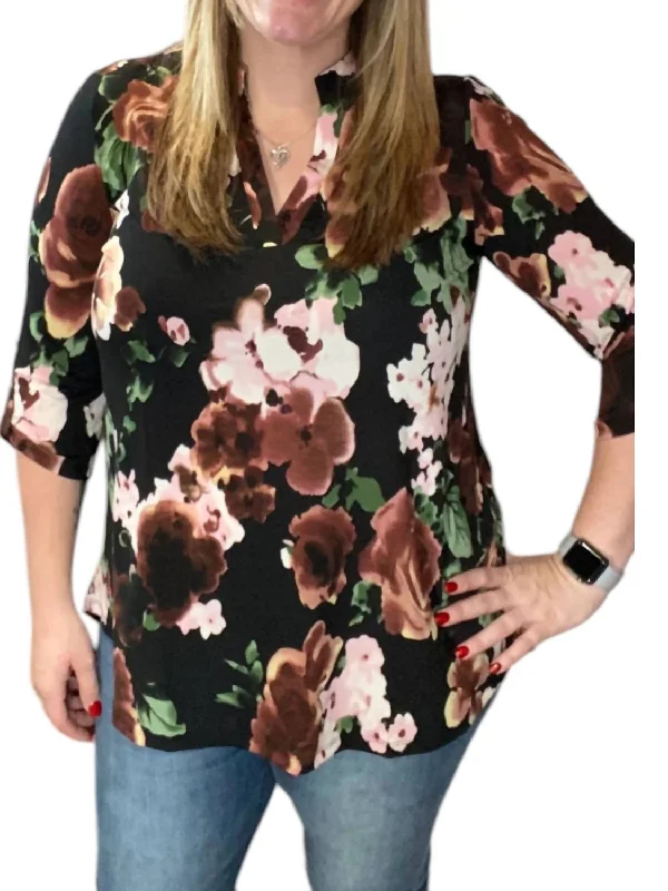 Women's Casual Wear Outfit Floral Gabby Tunic Top In Black Multi