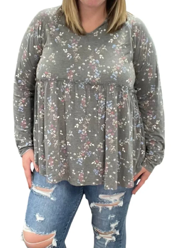 Luxury Fashion Floral Hooded Babydoll Top In Gray