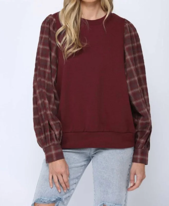 Trendy Women's Apparel for All Seasons Sweatshirt With Plaid Sleeve In Maroon