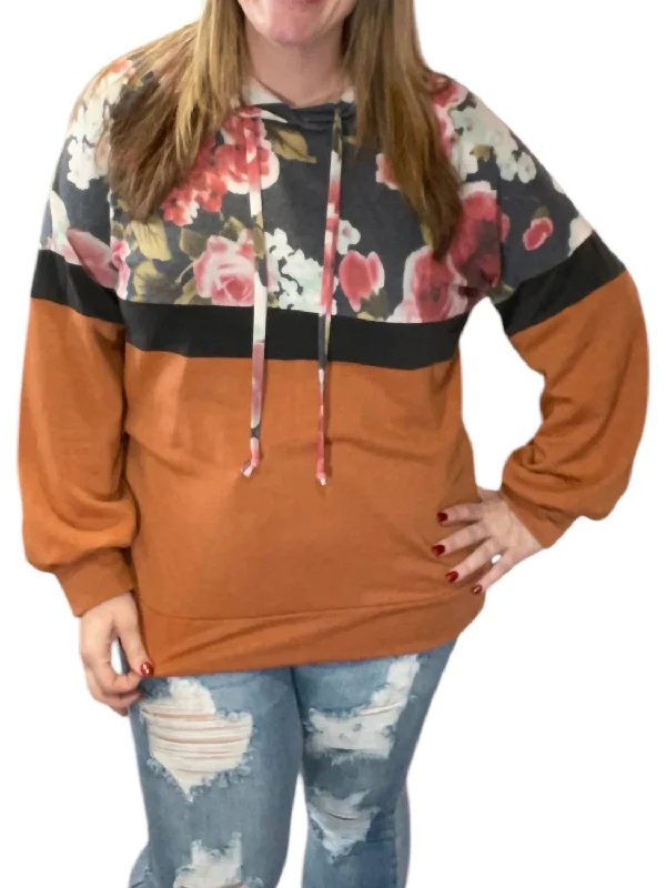 Bold Fashion Floral Color Block Hoodie In Orange