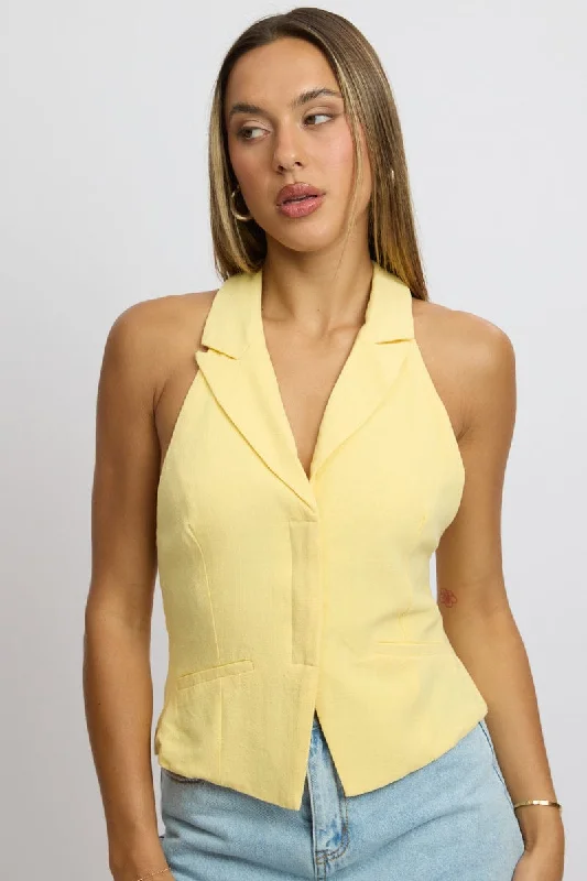 Women's Trendy Outfit Yellow Vest Top V Neck Halter Neck Open Back