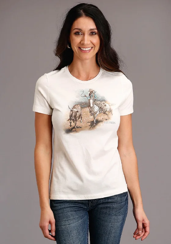 Women's Work Outfit Stetson Womens White 100% Cotton Cattleman Scenery S/S T-Shirt