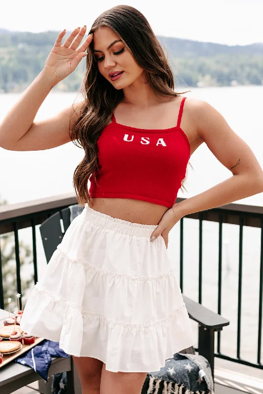 High-Quality Women's Fashion Dresses American Child "USA" Knit Crop Tank (Red)